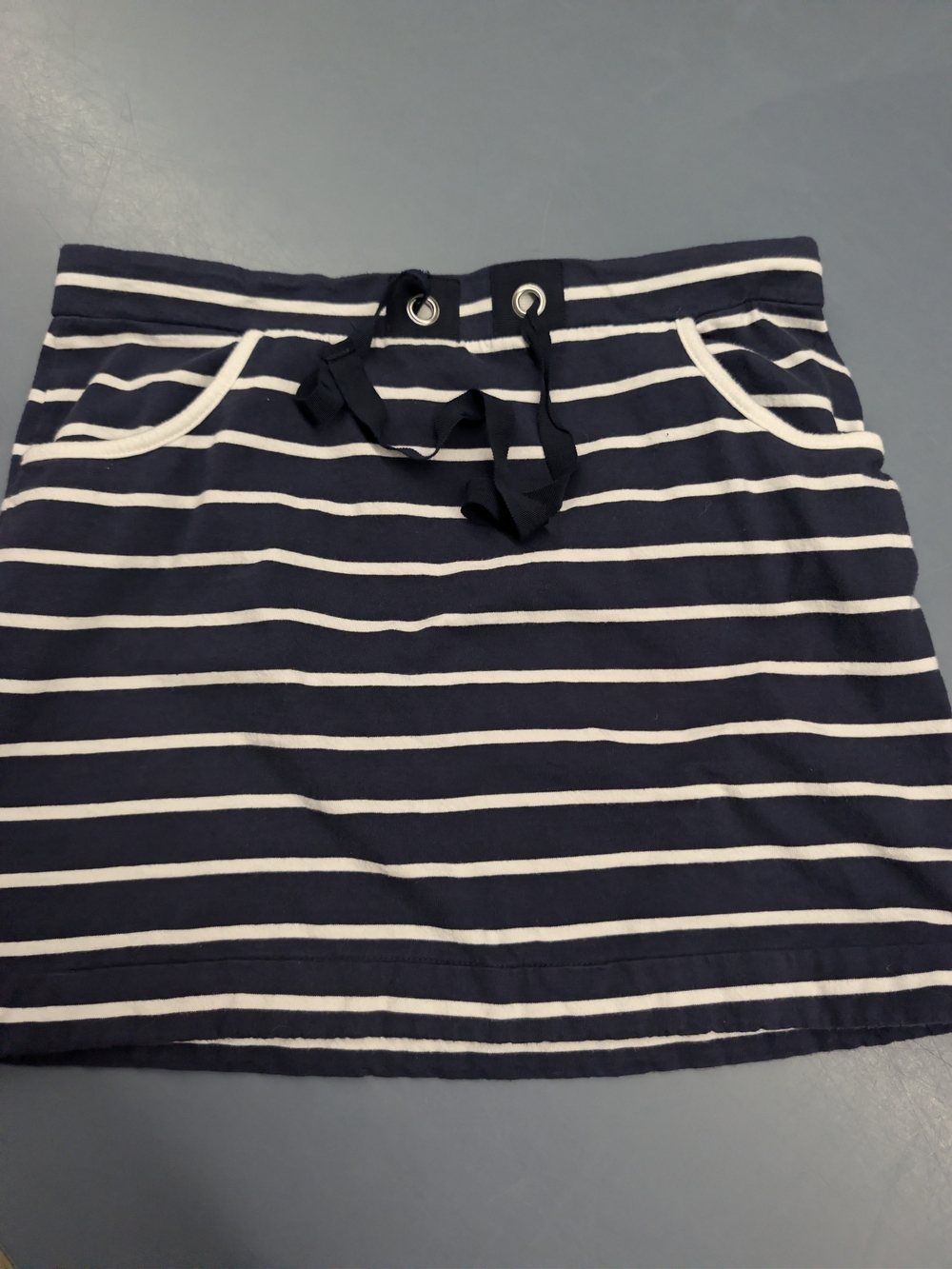 Nautica Navy and White Striped Drawstring Pocket Mini Skirt
